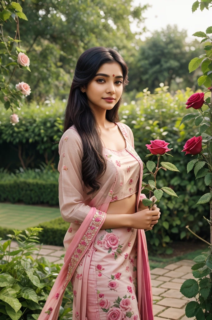 Prity girl cute young sundar yallow saari rose in hand in garden