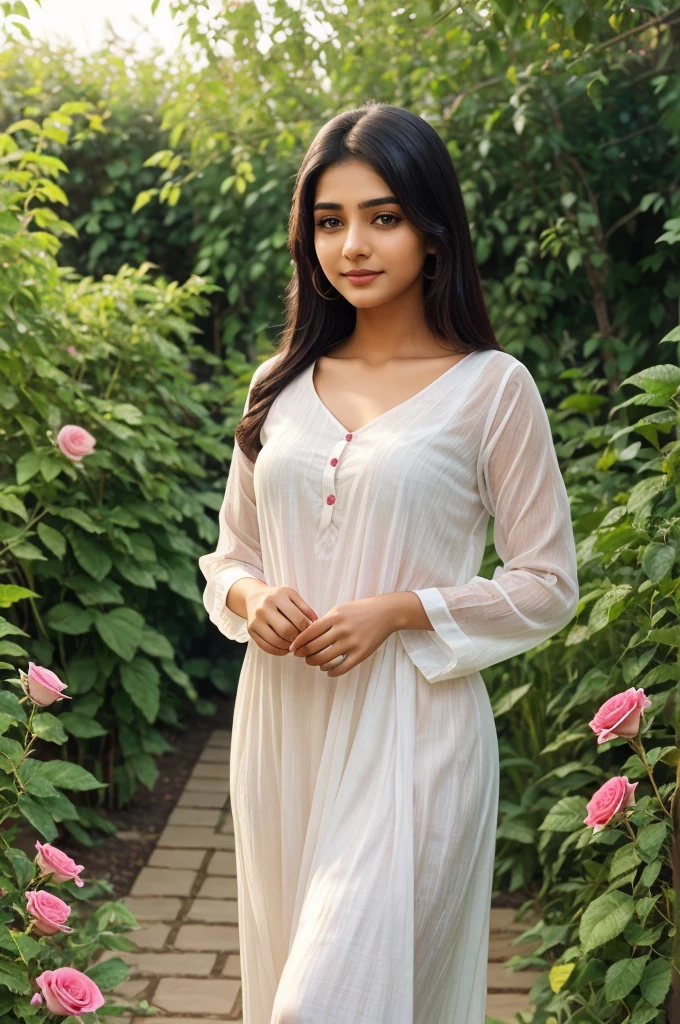 Prity girl cute young sundar yallow saari rose in hand in garden