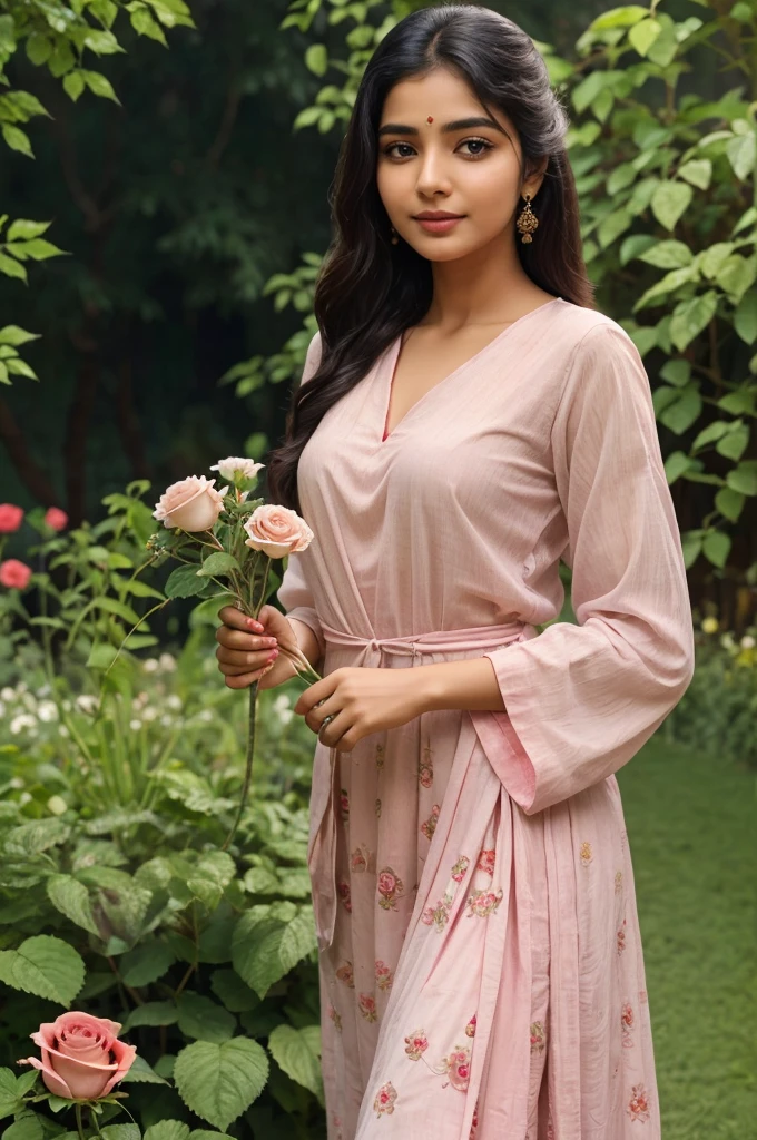 Prity girl cute young sundar yallow saari rose in hand in garden