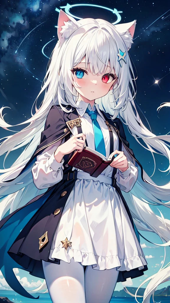 White pantyhose，White hair，wistful look，Long hair，Cat ear，Heterochromia（Left blue right yellow），Female face，There are bright spots in the eyes，flat chest，blue halo，night，fly，Starry Sky，Blue tie，Holding a book with a blue cover，dress，Suspenders，White Cape