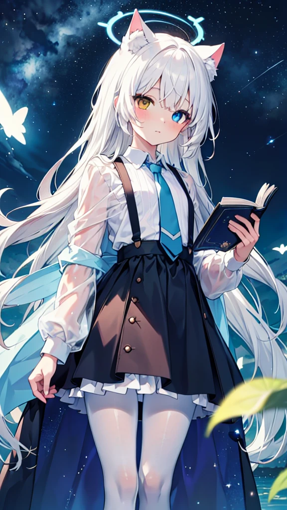 White pantyhose，White hair，wistful look，Long hair，Cat ear，Heterochromia（Left blue right yellow），Female face，There are bright spots in the eyes，flat chest，blue halo，night，fly，Starry Sky，Blue tie，Holding a book with a blue cover，dress，Suspenders，White Cape