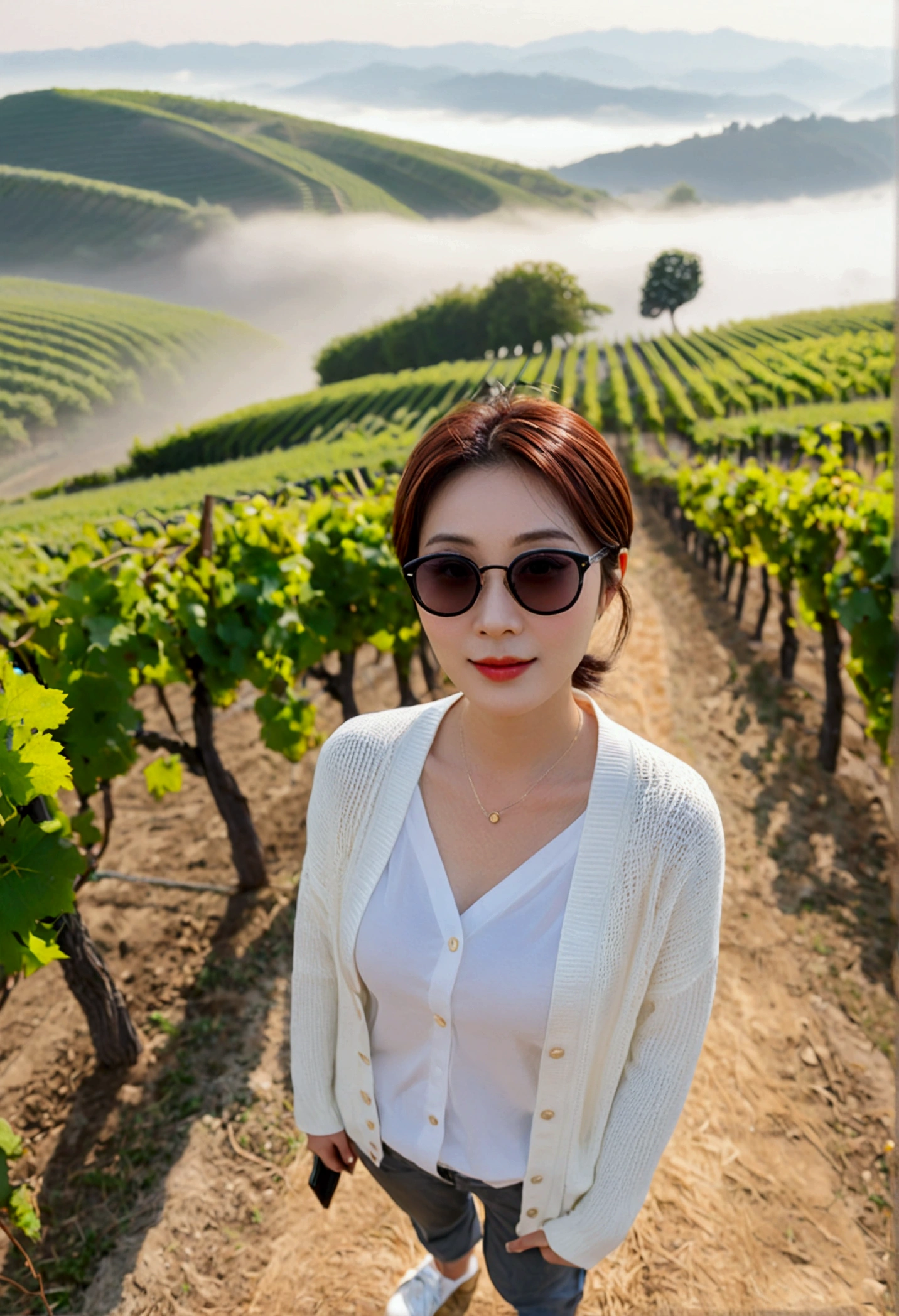 Post Creativity Upscale Transformation Upscale Download Generation Data Prompt Txt2Img 8k Realistic, lifelike photo,, 36 year old Korean woman, Short in stature, pretty like a model. front view, White shirt and short cardigan, casual pants, short medium hair, Smiley, Italy. vineyard, thick dawn fog. vineyard 지나 짙은 안개 속으로 저 멀리 성당이 보인다. Full body shot from afar with a wide angle lens , 1 woman, Short in stature, looking at the camera, Excellent picture quality, The morning fog is thick, The picture quality is alive. Full body shot with Canon 16-35 wide angle lens, Looking up to the side wearing sunglasses