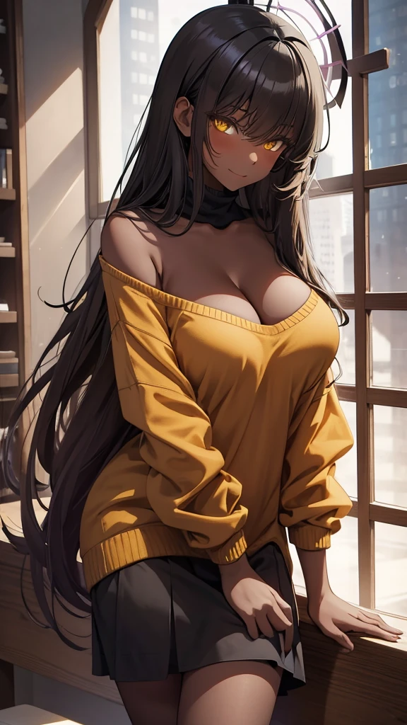 Masterpiece, best quality, long black hair, halo, bangs, yellow eyes, big tits, light brown sweater, bare shoulder, down blouse, clevage, a little smile, blushing, black stocking, standing, soft lighting, looking at viewer
