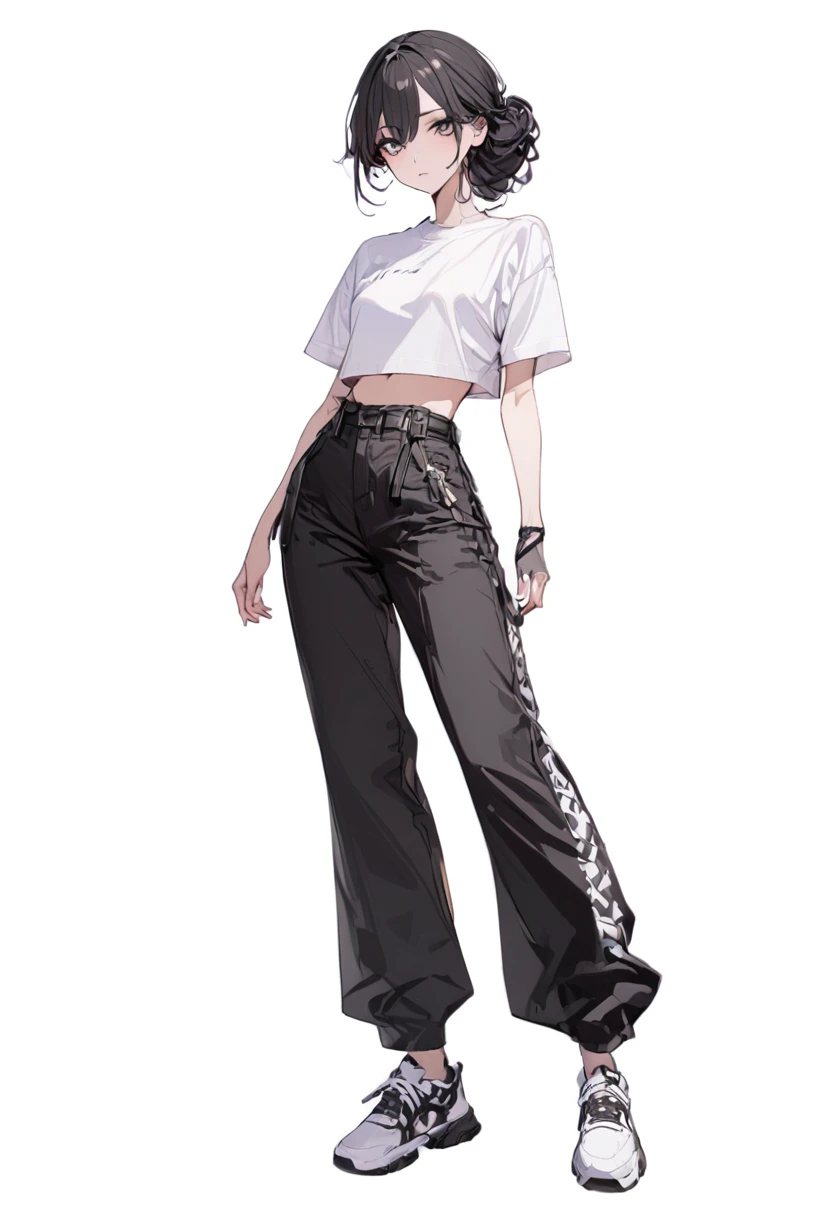 (Masterpiece, highest resolution: 1.2, 8K), center, full body, one girl, random hairstyle, black fashion, wide pants, simple sneakers, simple background, blank white background, eyes open,