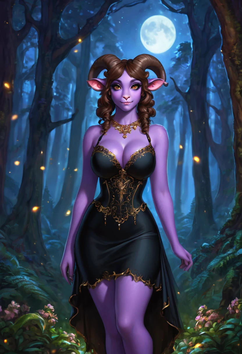 Satyr, female, purple skin, black fur, brown hair, black eyes, straight horns, vantablack dress. perky breasts, cleavage, Ultra HD, Rococo-Inspired Fantasy Art With Intricate Details. Cute, Charming Expression, Alluring-Gaze, looking at viewer Beautiful Eyes, An-Ideal-Figure. Large Youthful Well-Shaped-Breasts, Attractive ass showcased. Massive-Round-Bosom, Décolletage. slim waist, fit body, full lipsWarm lights , woman in a dreamy forest at night, (8K High Resolution) (top-quality)