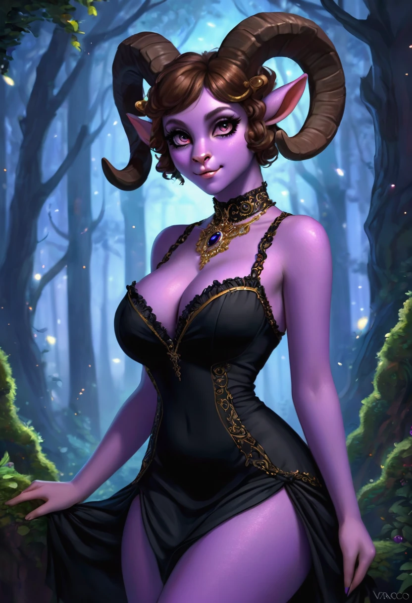 Satyr, female, purple skin, black fur, brown hair, black eyes, straight horns, vantablack dress. perky breasts, cleavage, Ultra HD, Rococo-Inspired Fantasy Art With Intricate Details. Cute, Charming Expression, Alluring-Gaze, looking at viewer Beautiful Eyes, An-Ideal-Figure. Large Youthful Well-Shaped-Breasts, Attractive ass showcased. Massive-Round-Bosom, Décolletage. slim waist, fit body, full lipsWarm lights , woman in a dreamy forest at night, (8K High Resolution) (top-quality)