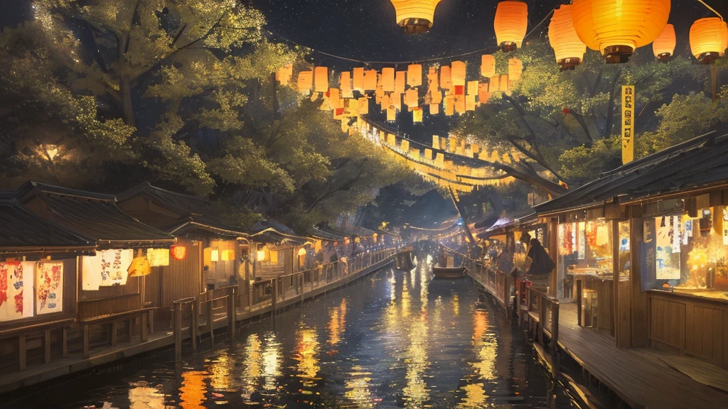 Summer Festival at Night、Lantern sink、A fantastic light illuminates the surroundings、Ultra-high resolution、8k、16K、Japanese Summer Festivals、Return、The bittersweet feeling of a summer night ending as lanterns cast a warm light into the night sky、Amazingly beautiful and heartbreaking