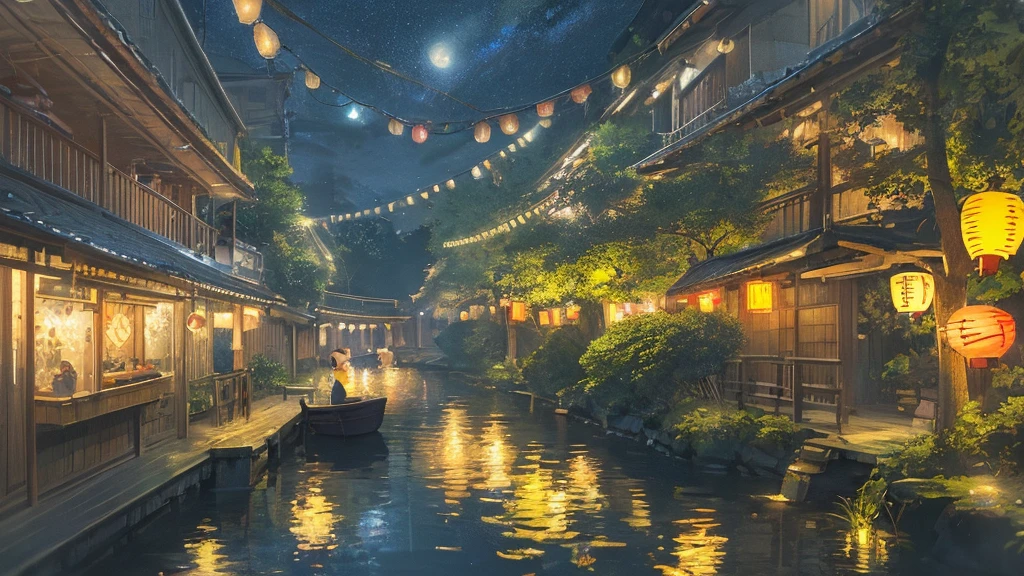 Summer Festival at Night、Lantern sink、A fantastic light illuminates the surroundings、Ultra-high resolution、8k、16K、Japanese Summer Festivals、Return、The bittersweet feeling of a summer night ending as lanterns cast a warm light into the night sky、Amazingly beautiful and heartbreaking