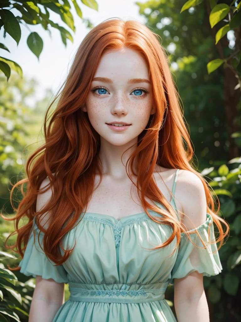 A happy, close shot, upper body beautiful portrait photo of the most beautiful redhead young woman, natural beauty, no makeup with pale skin, long wavy rich ginger hair, blue eyes, hollow cheeks, freckles on face and body, aesthetic feminine green dress (Ultra details, High Quality)