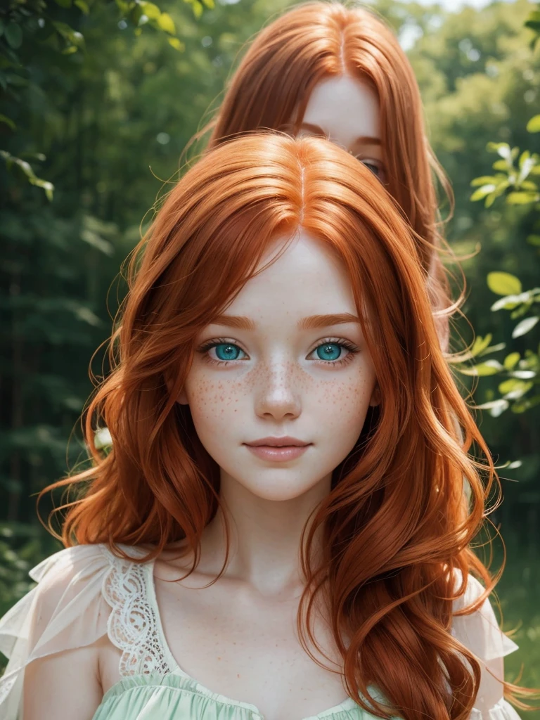 A happy, close shot, upper body beautiful portrait photo of the most beautiful redhead young woman, natural beauty, no makeup with pale skin, long wavy rich ginger hair, blue eyes, hollow cheeks, freckles on face and body, aesthetic feminine green dress (Ultra details, High Quality)