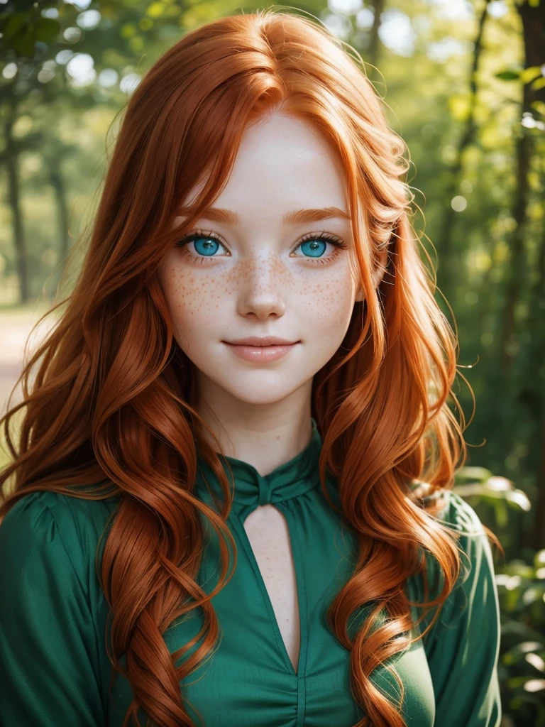 A happy, close shot, upper body beautiful portrait photo of the most beautiful redhead young woman, natural beauty, no makeup with pale skin, long wavy rich ginger hair, blue eyes, hollow cheeks, freckles on face and body, aesthetic feminine green dress (Ultra details, High Quality)