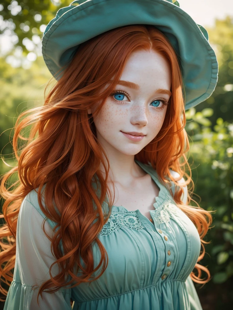 A happy, close shot, upper body beautiful portrait photo of the most beautiful redhead young woman, natural beauty, no makeup with pale skin, long wavy rich ginger hair, blue eyes, hollow cheeks, freckles on face and body, aesthetic feminine green dress (Ultra details, High Quality)