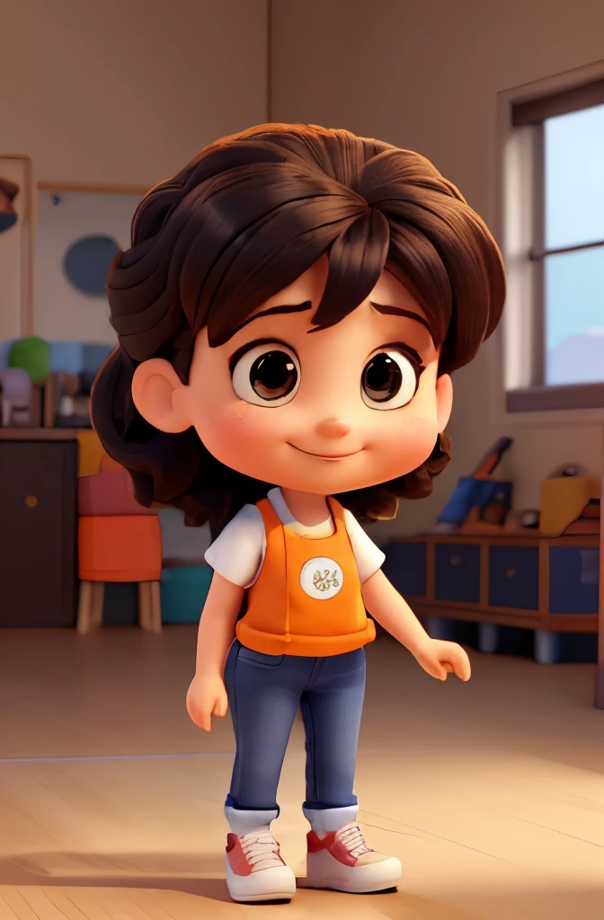a cute little female floor assistant , 45 years, big head, medium hair, Oval face，SMILE，fit, high, with an orange vest he wears a white t-shirt, dark blue jeans and black shoes.，toy figures, Best Quality, 3D cartoon，full body view, elegant, dreamlike, surrealism, beautiful, trend on Artstation