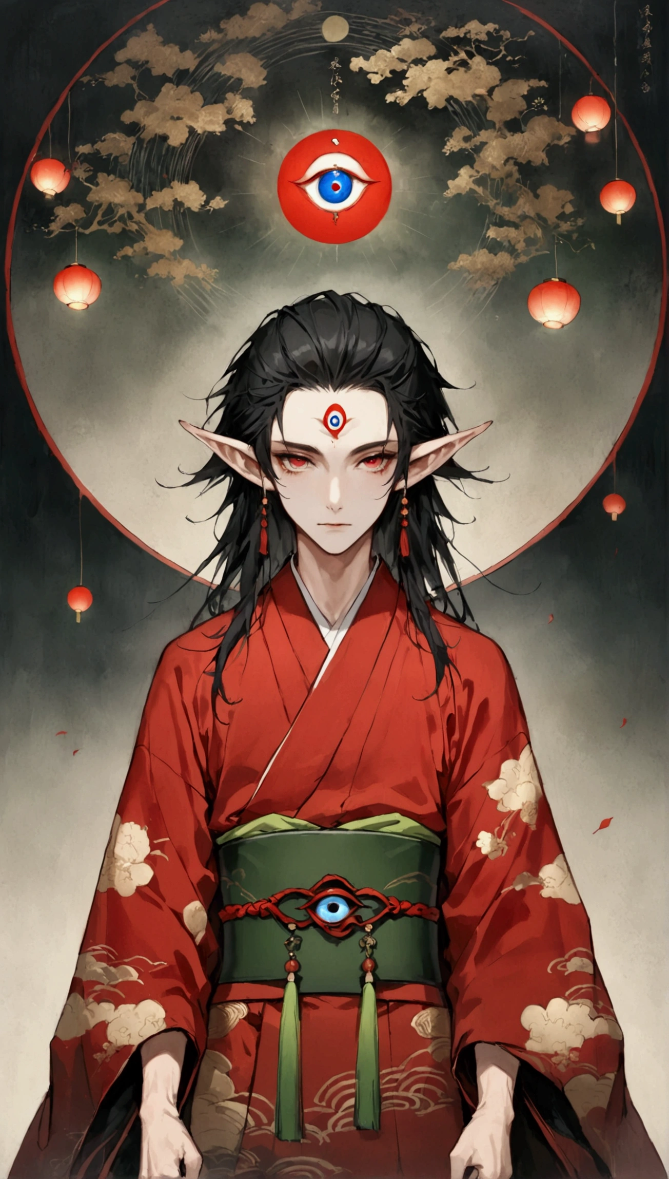 Art Illustration,Dark Style,(((1 Boy,独奏,third eye on the forehead,Elf ears))),(((Gorgeous Japanese red kimono:1.6,Eye Diagram,Dark Pattern))).(((Thin waist,Greenbelt:1.37)))whole body,Paper lanterns in the sky,Kongming Lantern,Red Rune in the Sky。