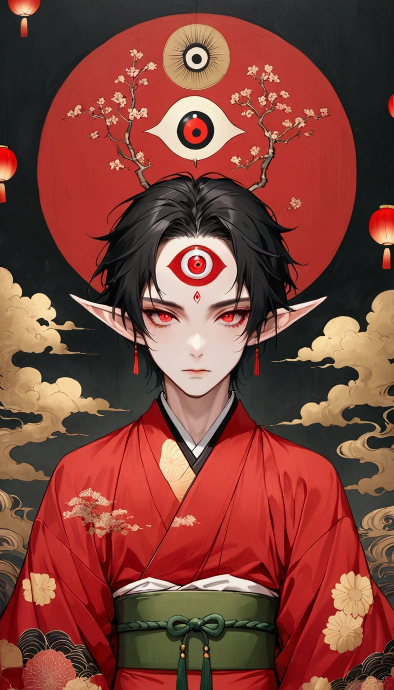 Art Illustration，Dark Style，(((1 Boy，独奏，third eye on the forehead，Elf ears))),(((Gorgeous Japanese red kimono：1.6，Eye Diagram，Dark Pattern))).(((Thin waist，Greenbelt：1.37)))whole body，Paper lanterns in the sky，Kongming Lantern，Red Rune in the Sky。