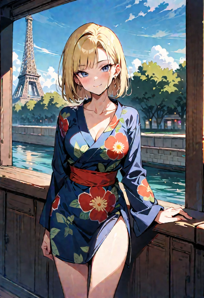 (masterpiece, best quality:1.2),1girl, (solo), Android 18 from Dragon Ball, ((floral print black Yukata)), medium breasts, blunt bangs, blonde short hair, black eyes, earrings on earlobes, slim, slender feminine figure, skinny body, blush, magnificent view, blur background, 8K, the Eiffel Tower, collarbone, riverside, sky, sunny, smile,