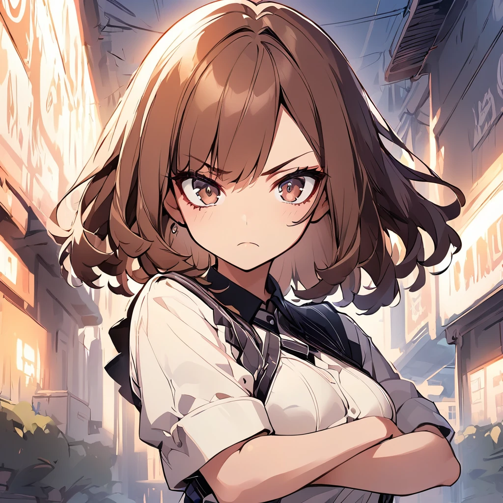 Anime, one girl, brown eyes, top quality, fashionable clothes, illustration, brown hair, serious expression, arms crossed, upper body,