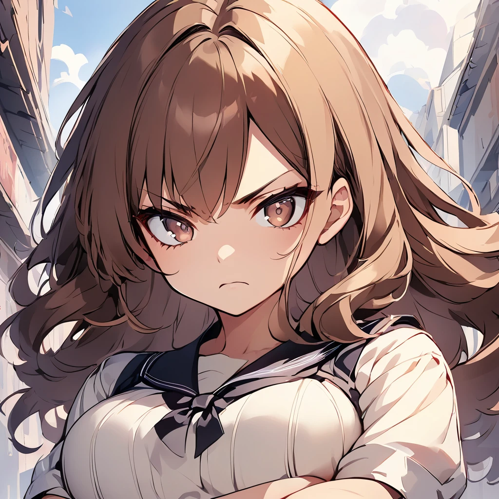 Anime, one girl, brown eyes, top quality, fashionable clothes, illustration, brown hair, serious expression, arms crossed, upper body,