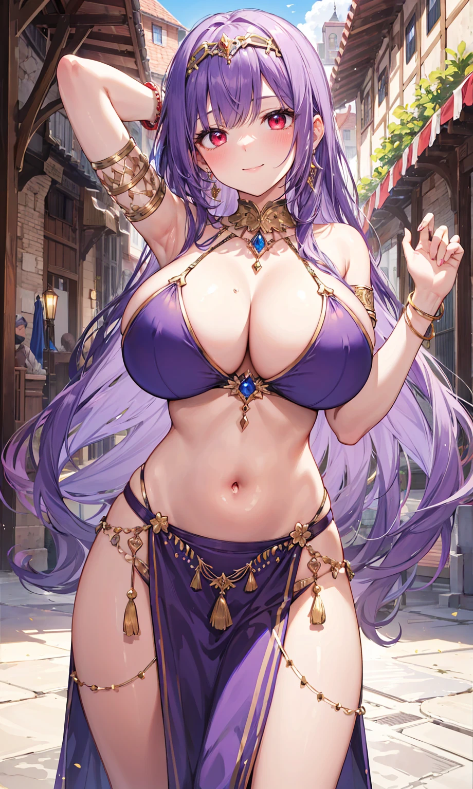 high quality, ultra detailed, best quality, insanely detailed, beautiful, masterpiece, 1girl, medieval plaza, cowboy shot, red eyes, long hair, purple hair, belly dancer, circlet, earrings, armlets, bracelets, bashful smile, large breasts, cleavage, soft stomach