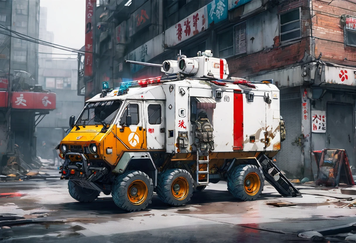 masterpiece, Highest quality,cyber punk、On the street in a dilapidated building district、Modified Japanese ambulance、Long-range gun and small missile container on the roof Two miniguns on the side doors、A heavy, dirty, rounded white car body