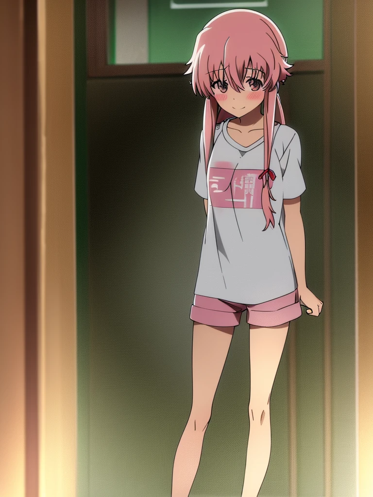 Yuno Gasai wearing a  standing, casual, smiling softly, blushes, shy