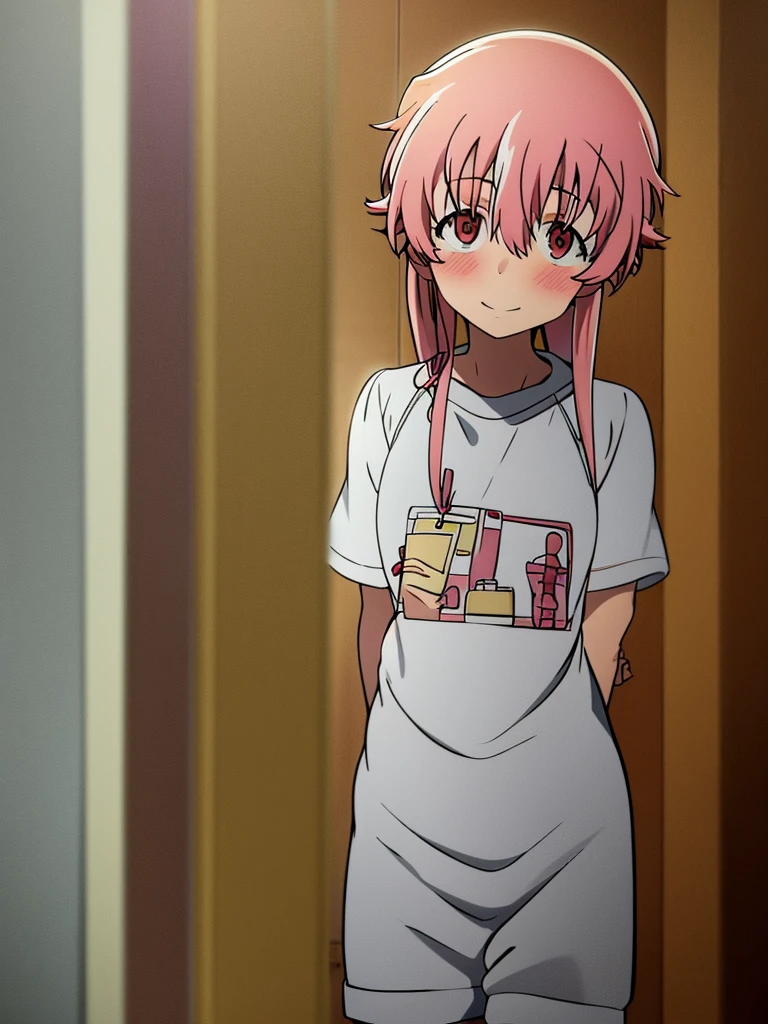 Yuno Gasai wearing a  standing, casual, smiling softly, blushes, shy