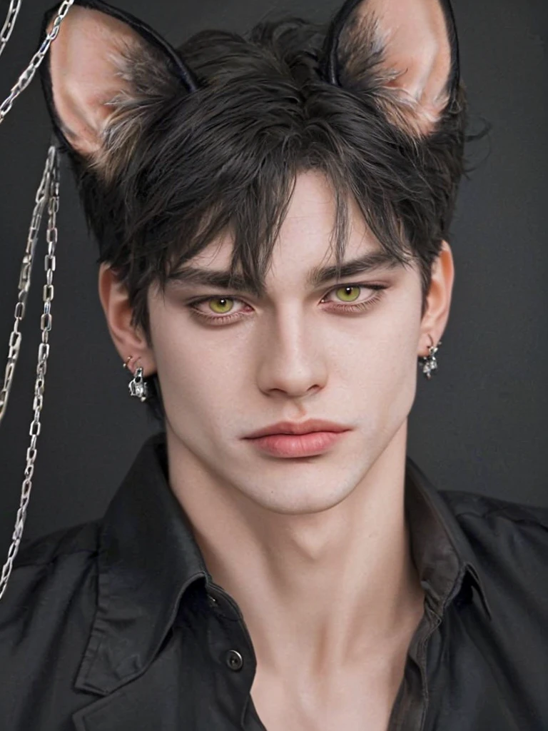 1 boy, portrait, earrings, One,lips, male focus, green eyes, I look at the viewer,Black shaggy hair, short hair, closed mouth, tall and skinny, but a muscled guy in a cage in chains. Torn white clothes. Boy 16 years old. Beautiful. Yellow eyes with cat pupils. fluffy cat ears. Fantasy world.animal ears, fluffy cat ears, yellow eyes, short hair, Hair in front of ears, accuracy, a high resolution, masterpiece, realistic anatomy, Best quality, high quality, very detailed,