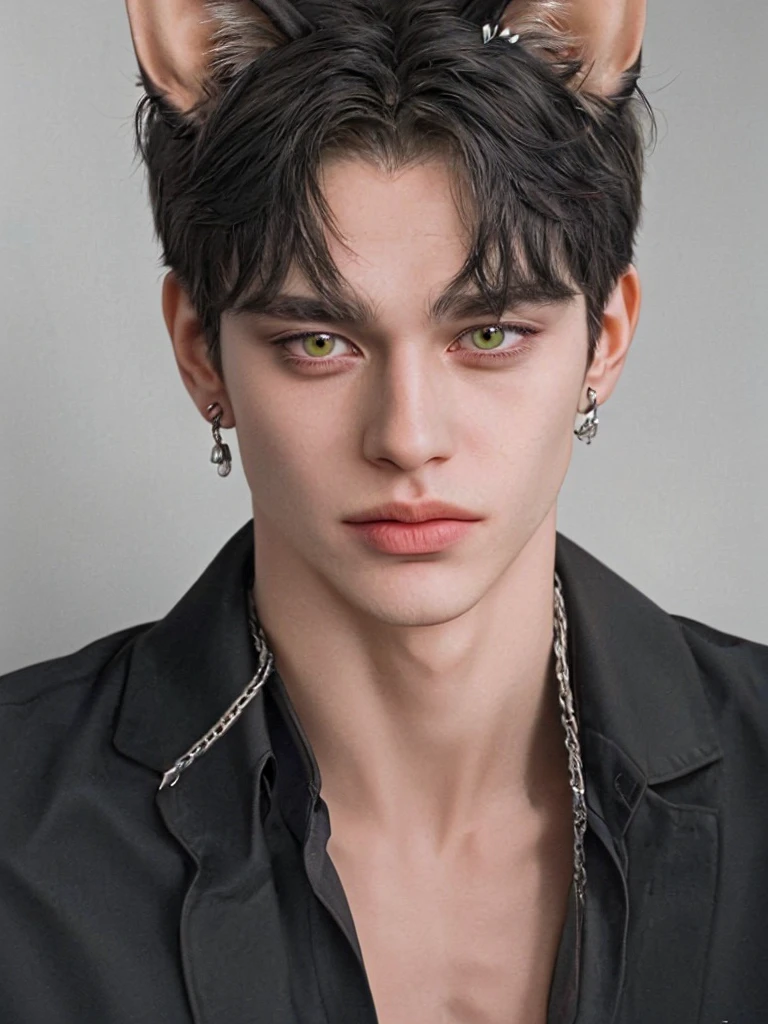 1 boy, portrait, earrings, One,lips, male focus, green eyes, I look at the viewer,Black shaggy hair, short hair, closed mouth, tall and skinny, but a muscled guy in a cage in chains. Torn white clothes. Boy 16 years old. Beautiful. Yellow eyes with cat pupils. fluffy cat ears. Fantasy world.animal ears, fluffy cat ears, yellow eyes, short hair, Hair in front of ears, accuracy, a high resolution, masterpiece, realistic anatomy, Best quality, high quality, very detailed,