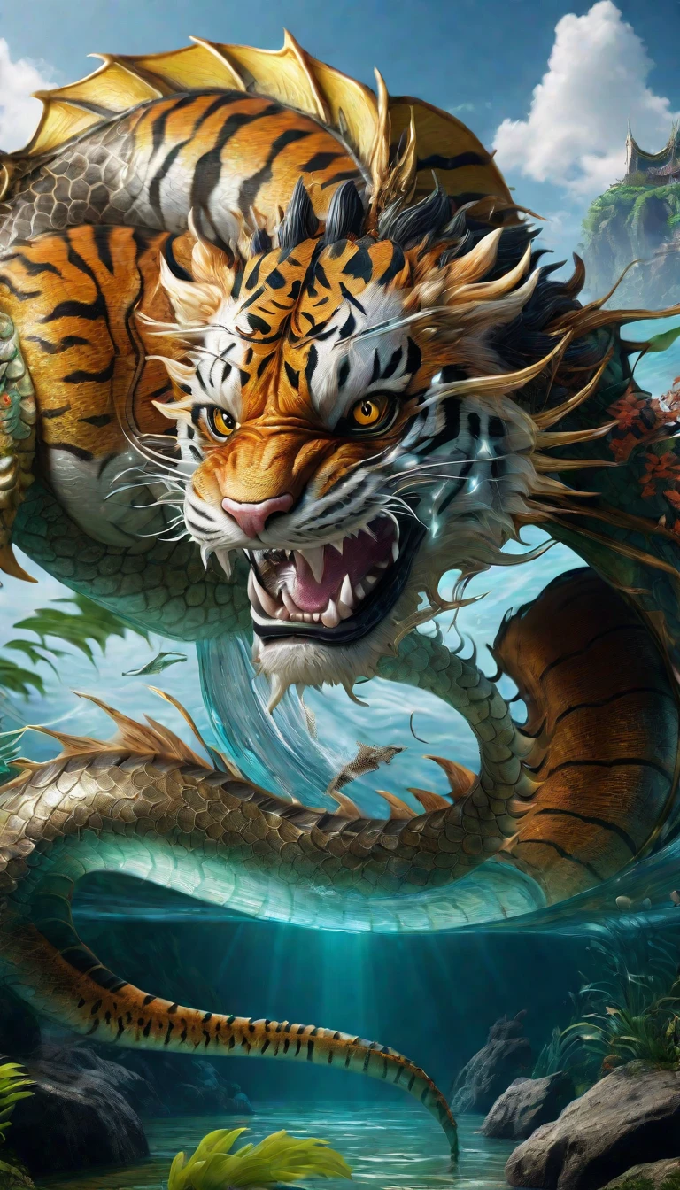 Panorama,Dragon and tiger combination creature in water(best quality,4K,8k,High level,masterpiece:1.2),Ultra Detailed,(lifelike,Photo real,Photo real:1.37),Highly detailed animals,Complex patterns,Realistic lighting,Fantasy Creatures