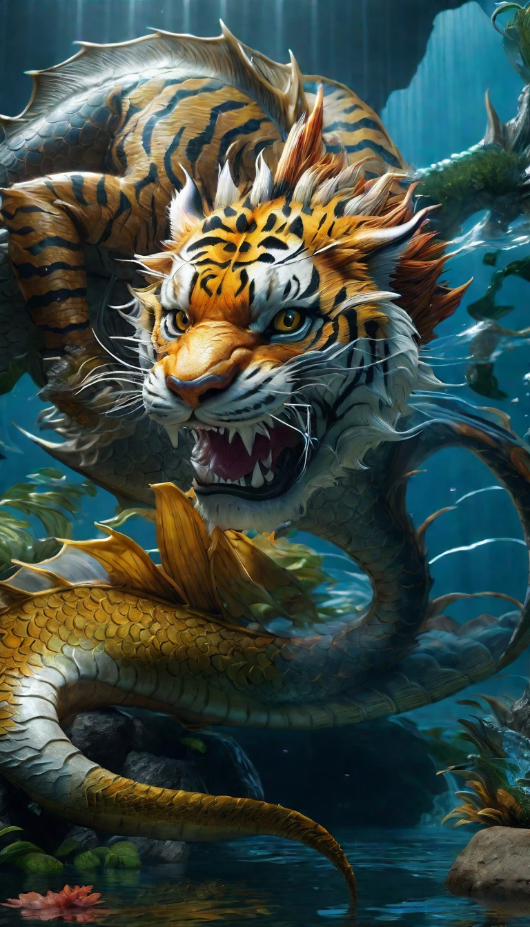 Panorama，Dragon and tiger combination creature in water(best quality，4K，8k，High level，masterpiece：1.2），Ultra Detailed，（lifelike，Photo real，Photo real：1.37），Highly detailed animals，Complex patterns，Realistic lighting，Fantasy Creatures