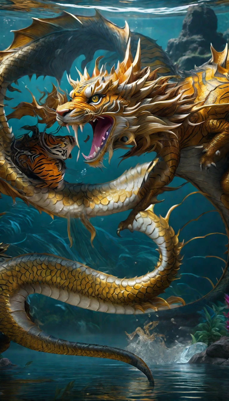 Panorama，Dragon and tiger combination creature in water(best quality，4K，8k，High level，masterpiece：1.2），Ultra Detailed，（lifelike，Photo real，Photo real：1.37），Highly detailed animals，Complex patterns，Realistic lighting，Fantasy Creatures