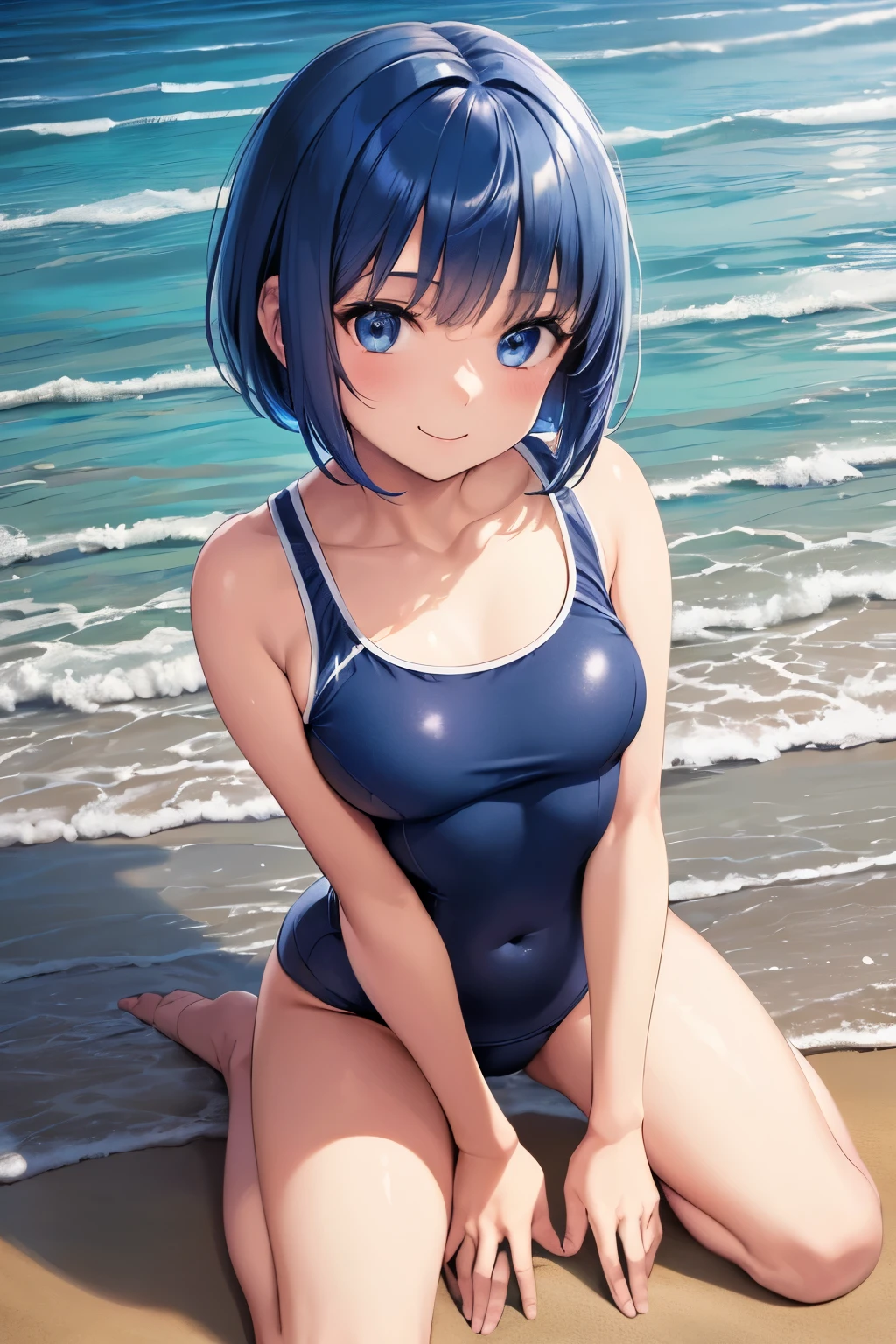 best quality,ultra-detailed,illustration,(new school swimsuit:1.1), 1girl,(solo:1.5),catria,smile,looking at viewer, cute,Blue Hair,Short Hair,Bob,blue eyes,Thin Waist,Small,Toned,small breasts,short stature,(beach:1.3),(eropose:1.5),(kneel:1.5)
