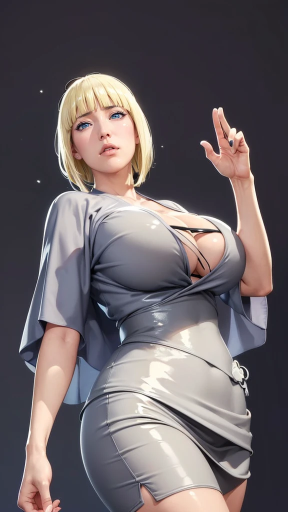 (（（Perfect body,White and tender skin,（（（BLACK KIMONO, CLEAVAGE, VAMBRACES,）））,（（（Samui, Blue eyes, blonde hair, short hair, bangs, blunt bangs,）））,((masterpiece)),high resolution, ((Best quality at best)),masterpiece,quality,Best quality,（（（ Exquisite facial features,Looking at the audience,There is light in the eyes,Poker face）））,Look up at the sky，Raise a hand，From below）））,（（（Light and shadow,Huge breasts）））,（（（Looking at the camera,black background,)））),