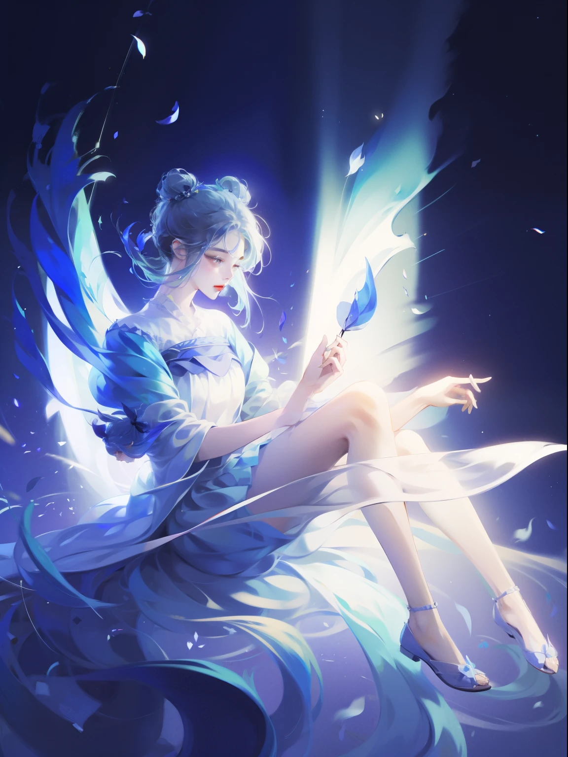 1 girl，Shimizu，Blue Butterfly，Pure white gauze skirt，shining，Sitting in the air
