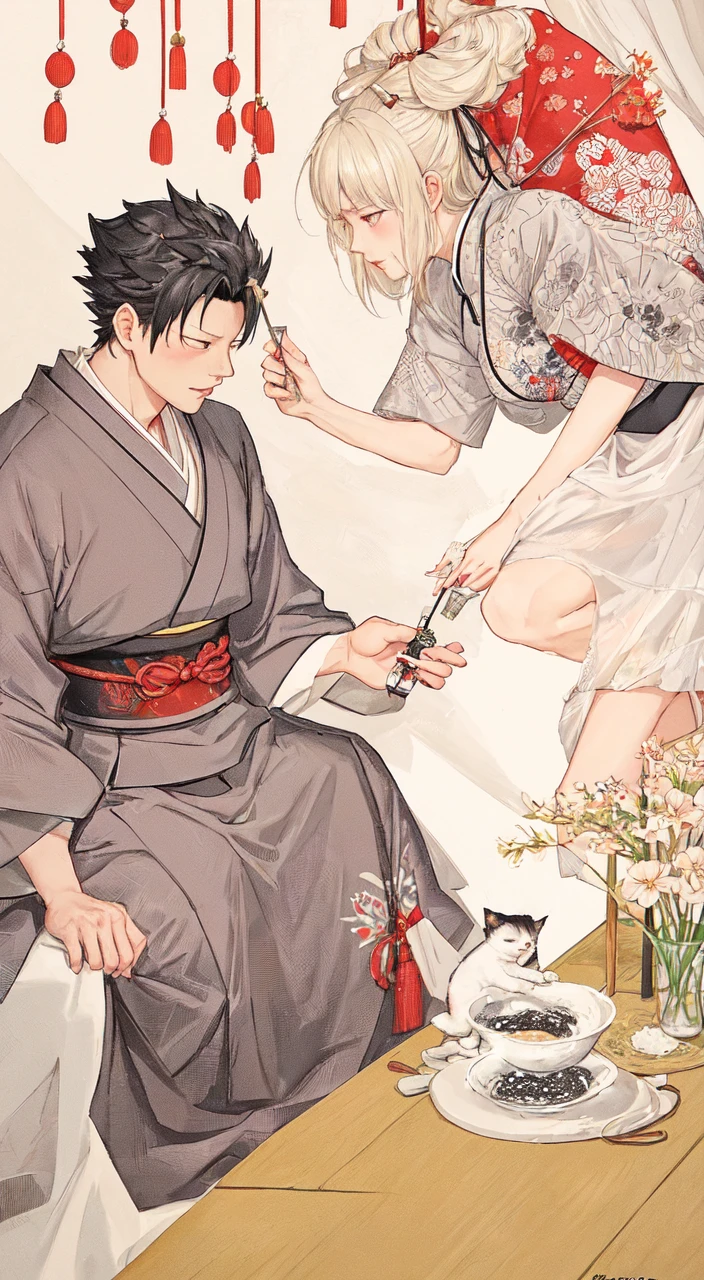 Kuroo from haikyuu, Movie light, fashion, top light, close-up, close-up, spotlight, hazy, Chen family cold, ink portrait, kuroo from haikyuu,kuroo Kotaro from haikyuu,Strong and masculine body with gorgeous clothing china ,Line Art,Chinese ink ,Chinese ink , Klang is playing with the little cat. Edo style pictures Old Japanese style pictures
