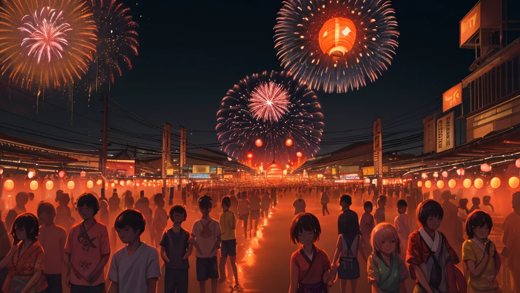 Summer Festival at Night、A sad face looking up at the fireworks、A fantastic light illuminates the surroundings、Ultra-high resolution、8k、16K、Japanese Summer Festivals、Return、The bittersweet feeling of a summer night ending as lanterns cast a warm light into the night sky、Amazingly beautiful and heartbreaking