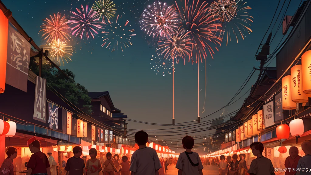 Summer Festival at Night、A sad face looking up at the fireworks、A fantastic light illuminates the surroundings、Ultra-high resolution、8k、16K、Japanese Summer Festivals、Return、The bittersweet feeling of a summer night ending as lanterns cast a warm light into the night sky、Amazingly beautiful and heartbreaking