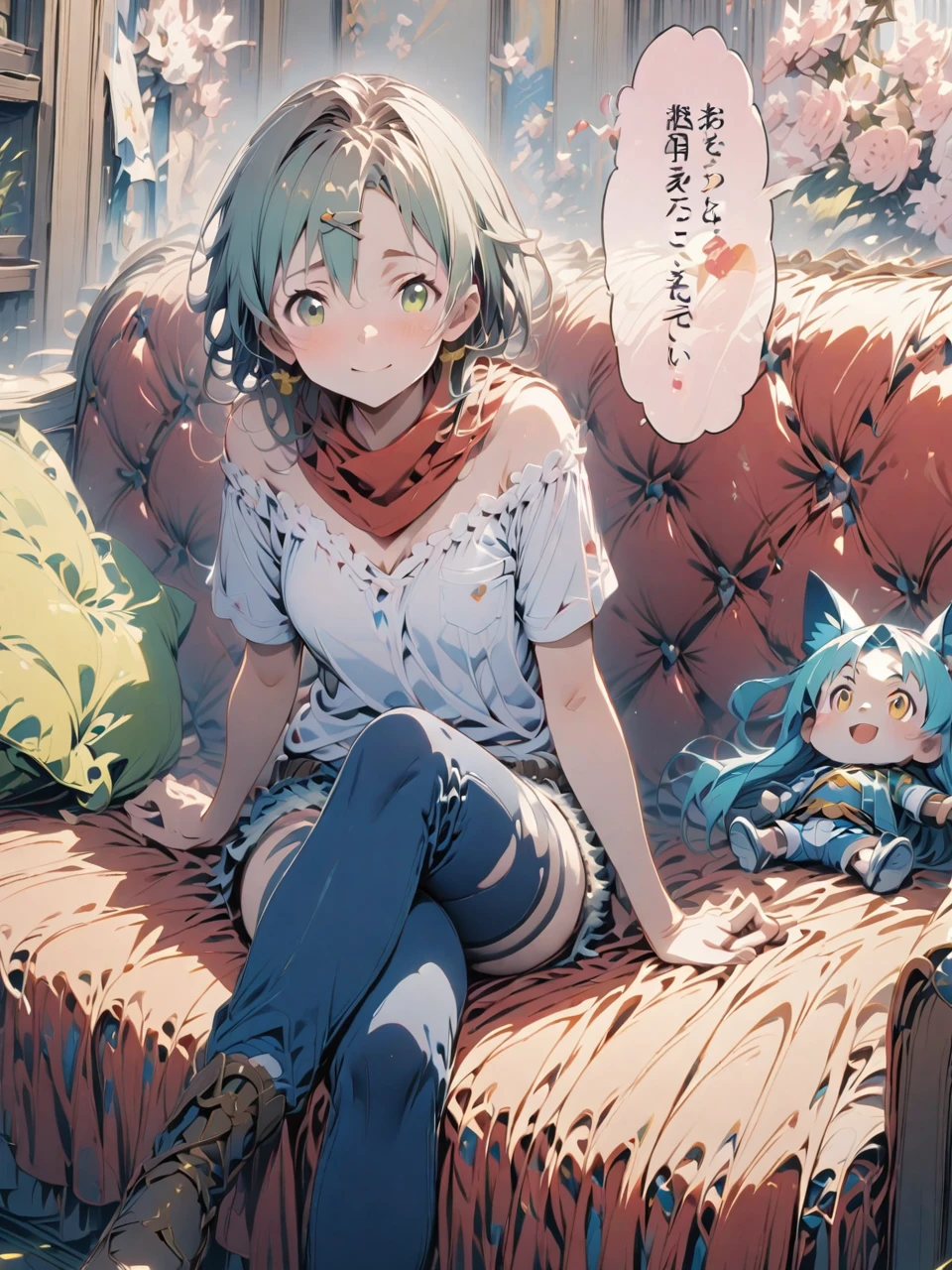 Japanese cartoon, aqua hair with gray highlights, medium breasts, golden eyes, faint smile, denim shorts, scarf, red sweatshirt, blue pants, sitting, cross-legged, smart interior, sitting on the couch , Shino Asada's face, Japanese cartoon Sword Art Online, best quality, 4K