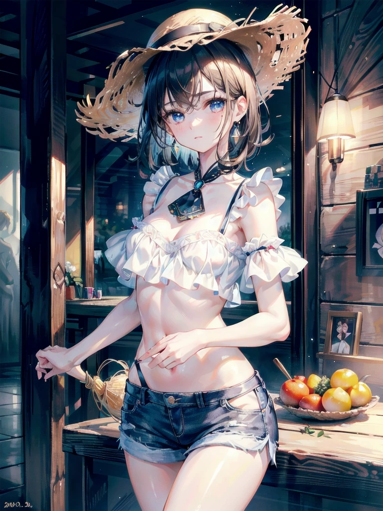 absurdres, RAW photo, extremely delicate and beautiful, masterpiece, Best Quality, ultra high resolution, 32k, hyperrealistic, ultra-detailed, perfect anatomy, super Detailed skin, perfect figure, Super Beauty, Perfect Style, Perfect balance, Beautiful Lighting, Perfect Lightning, Realistic Shadows, 20 years old, very Slim body, narrow waist, very small head, very small face, delicate facial features, handsome detailed woman, very detailed eyes and face, realistic face proportions, Realistic beautiful face, Realistic beautiful eyes, tearful mole, earring, very huge round breasts, legs, medium hair, full body shot, indoor, blouse, bare collarbone, midriff, shorts, straw hat,