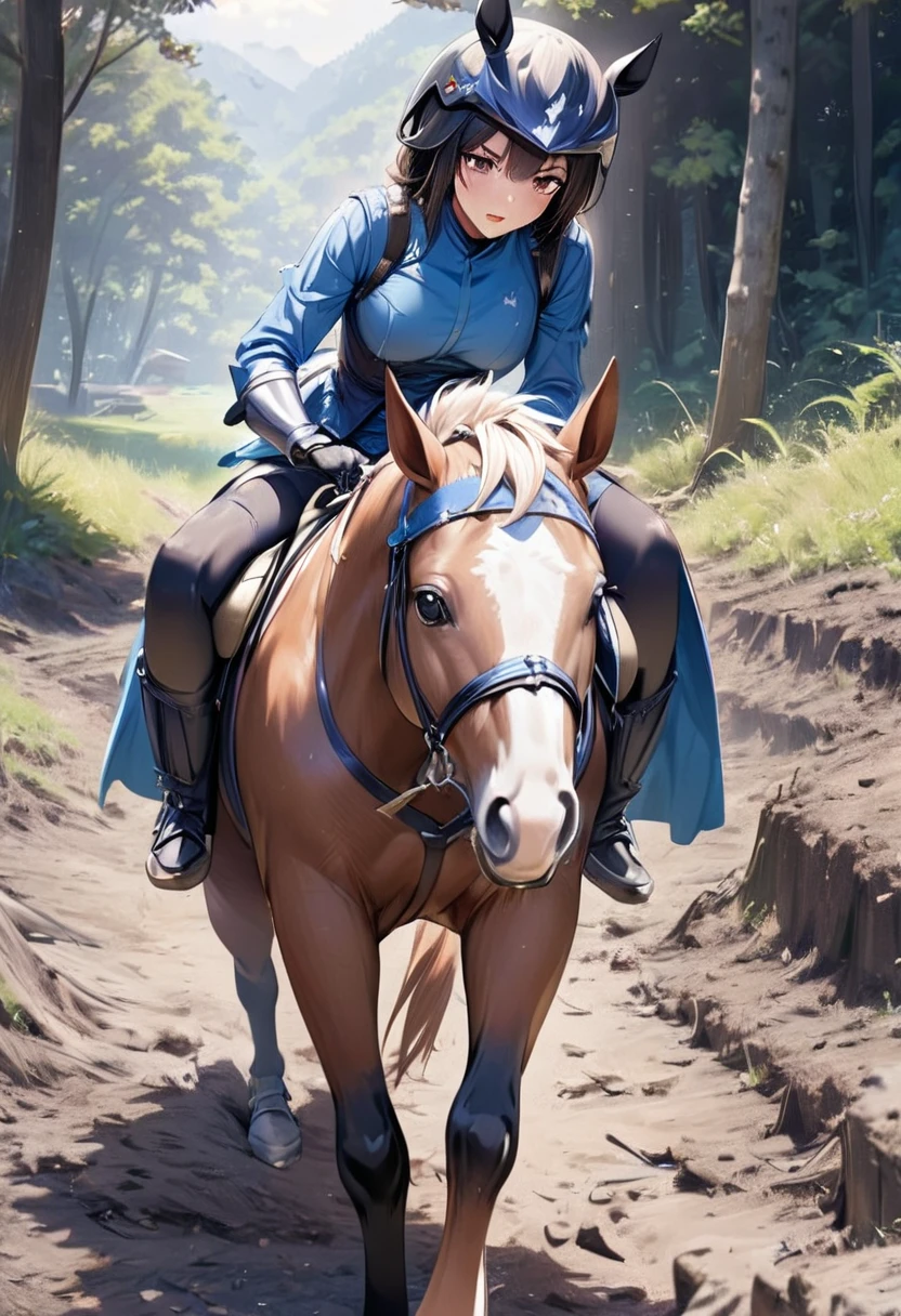 horse riddn by japanese girl can't move because riding horse stuck in the muddy pitfall,girl of knight,REAL,horse riding,A realistic movie scene,More detailed