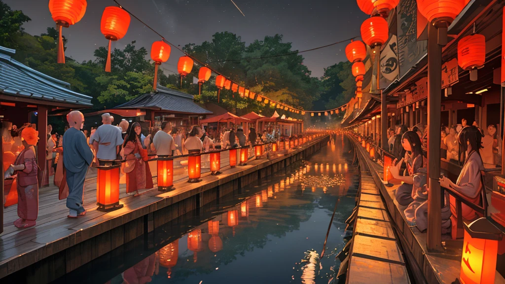 Summer Festival at Night、Lantern sink、A fantastic light illuminates the surroundings、Ultra-high resolution、8k、16K、Japanese Summer Festivals、Return、The bittersweet feeling of a summer night ending as lanterns cast a warm light into the night sky、Amazingly beautiful and heartbreaking