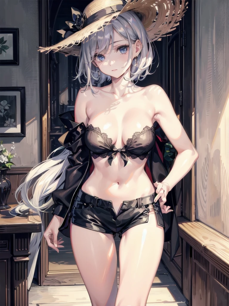absurdres, RAW photo, extremely delicate and beautiful, masterpiece, Best Quality, ultra high resolution, 32k, hyperrealistic, ultra-detailed, perfect anatomy, super Detailed skin, perfect figure, Super Beauty, Perfect Style, Perfect balance, Beautiful Lighting, Perfect Lightning, Realistic Shadows, 20 years old, very Slim body, narrow waist, very small head, very small face, delicate facial features, handsome detailed woman, very detailed eyes and face, realistic face proportions, Realistic beautiful face, Realistic beautiful eyes, tearful mole, earring, very huge round breasts, legs, medium hair, full body shot, indoor, blouse, bare collarbone, midriff, shorts, straw hat,