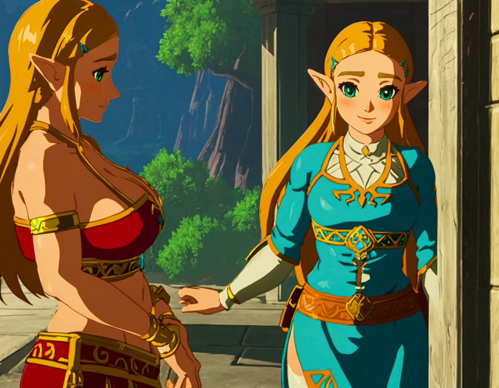 Best Quality, high resolution, big breasts, blush, SMILE, cowboy shot, zelda, in a temple, green eyes, foreground, deep neckline, deep neckline, big breasts