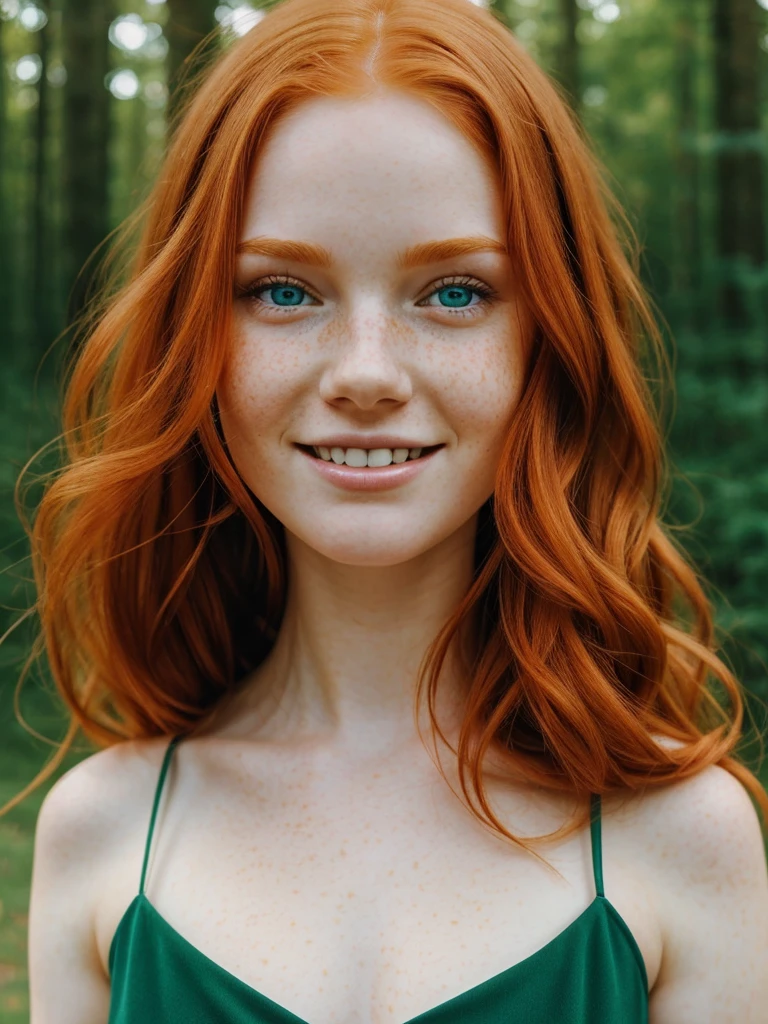 A happy, close shot, upper body beautiful portrait photo of the most beautiful redhead young woman, natural beauty, no makeup with pale skin, long wavy rich ginger hair, blue eyes, hollow cheeks, freckles on face and body, aesthetic feminine green dress (Ultra details, High Quality)