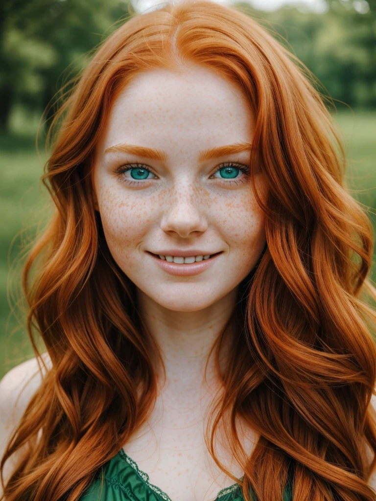 A happy, close shot, upper body beautiful portrait photo of the most beautiful redhead young woman, natural beauty, no makeup with pale skin, long wavy rich ginger hair, blue eyes, hollow cheeks, freckles on face and body, aesthetic feminine green dress (Ultra details, High Quality)