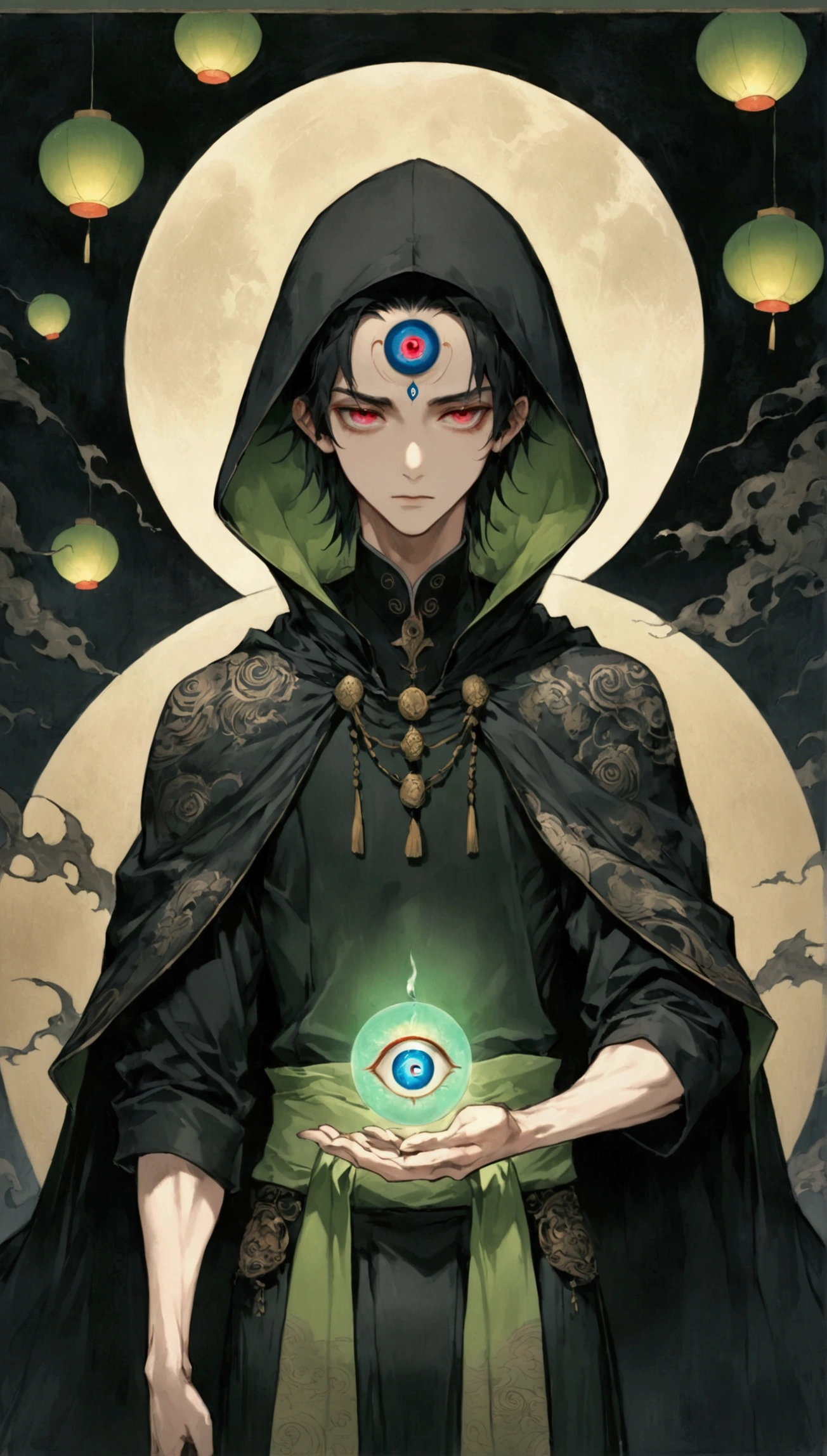 Art Illustration，Dark Style，(((1 Boy，独奏，third eye on the forehead，))),(((Hooded Cape：1.6，Eye Diagram，Dark Pattern))).(((Thin waist，Greenbelt：1.37)))whole body，Paper lanterns in the sky，Kongming Lantern，Death Stare。，moonlight