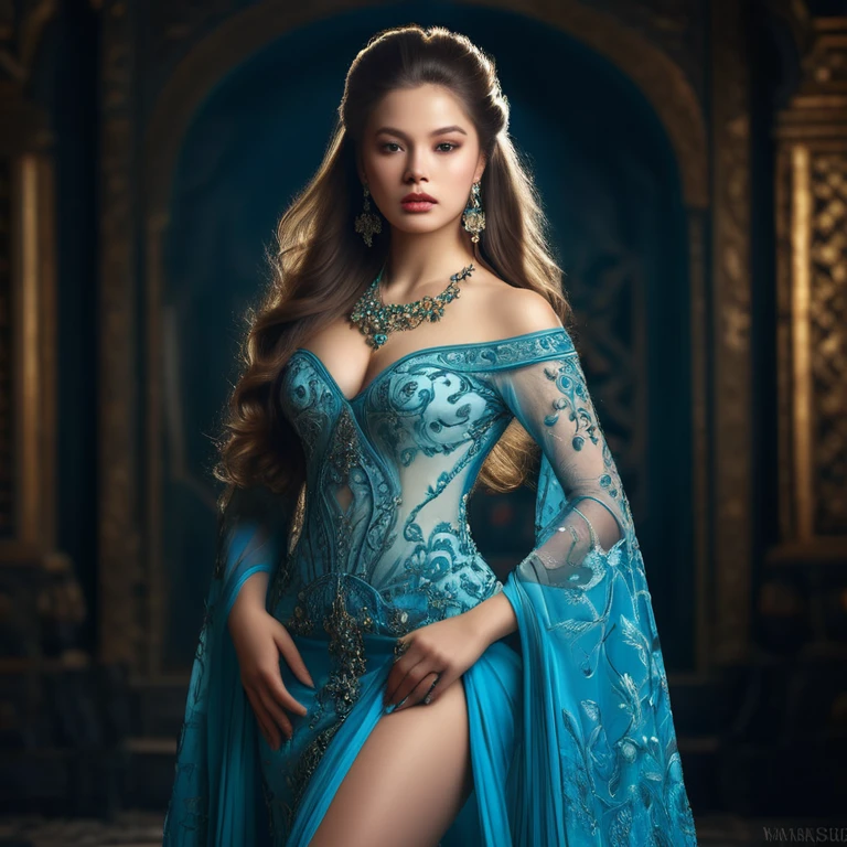 a beautiful woman with wide hips, small waist, large buttocks, detailed facial features, flawless skin, long flowing hair, elegant posture, ornate jewelry, intricate dress, mysterious gaze, photorealistic, cinematic lighting, dramatic colors, fantasy art style