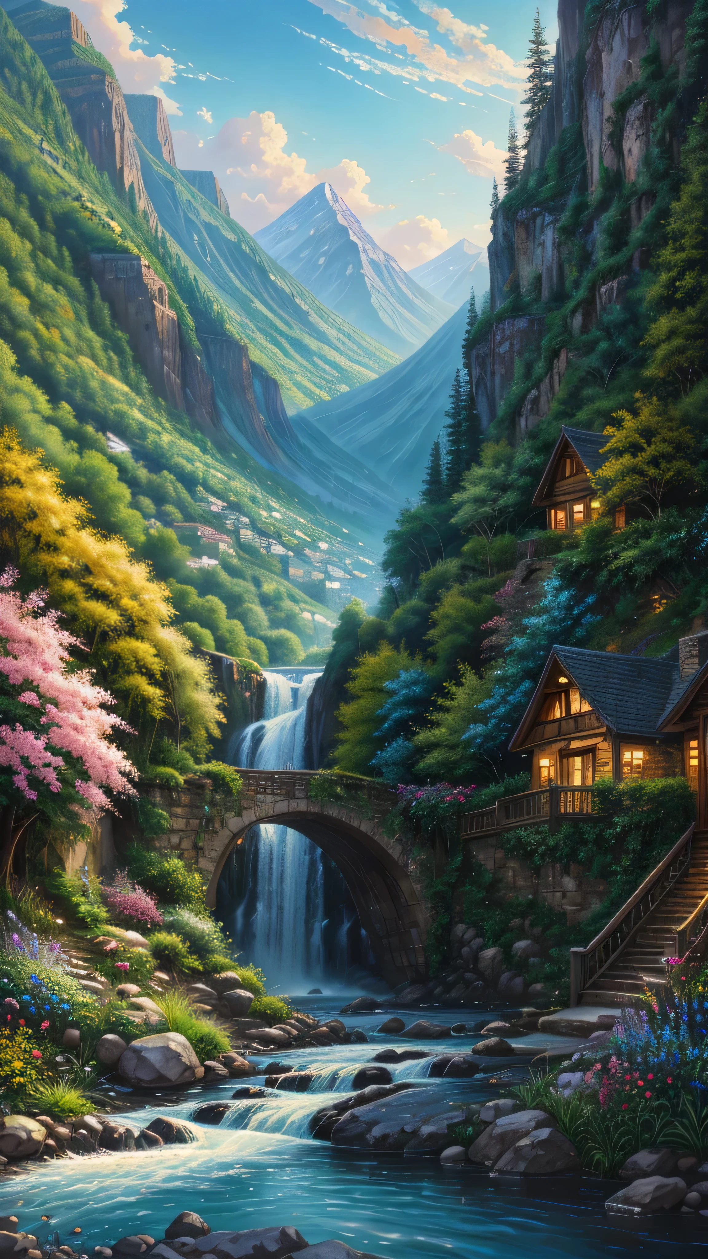 painting of a mountain valley, alleyway , beautiful scenery, waterfall, valley , garden,((glistening look)),hd, High quality, bushes,4k hd, cloud,beautiful art uhd 4 k, a beautiful artwork illustration, beautiful digital painting, highly detailed digital painting, beautiful digital artwork, detailed painting 4 k, very detailed digital painting, rich picturesque colors, gorgeous digital painting