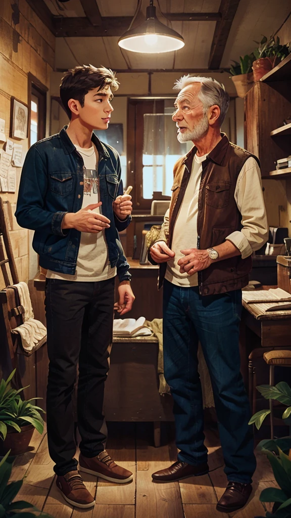 One young man and one old man talk