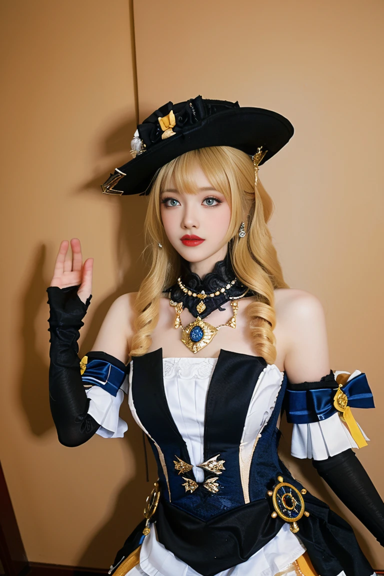 best quality, tmasterpiece,Ultra-high resolution,Clear face,(Reality:1.4),ferpect lighting,(upper body photo:1.3), (photorealistic:1.50), anime wallpaper, Guviz style artwork, cover-up fantasy up to magic , by Yang J, Guviz, beautiful artwork illustration, beautiful digital artwork, beautiful digital illustration, Li Song, beautiful anime portrait, art style in Beauvot, 1girl, 独奏,hat,blonde hair, long hair, drill hair, twin drills,Blue eyes, jewelry, flower, bare shoulders, black gloves,dress, thighhighs, thigh boots, boots, indoor, mirror, Curtain background, room,